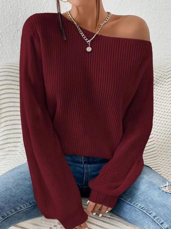 Women's Minimalist Solid Drop Shoulder Asymmetrical Neck Knit Tops, Lady Basic Casual Fit Fall Womenswear Long Sleeve Knitting Jumper, Crochet Tops, Women's Sweater Knitwear for Daily Wear Y2k