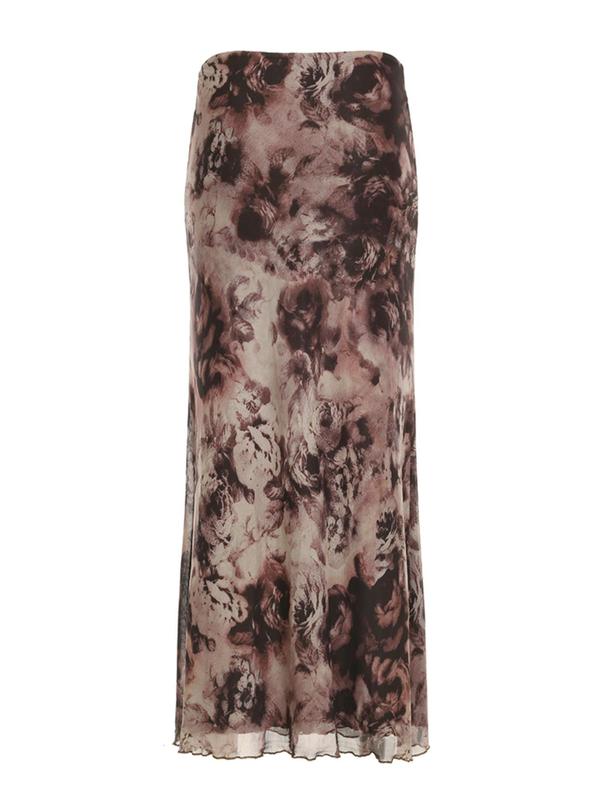 Women's Rose Print Long Skirt, Casual Comfy Elastic Waist Skirt for Daily Wear, Ladies Bottoms for Fall & Winter