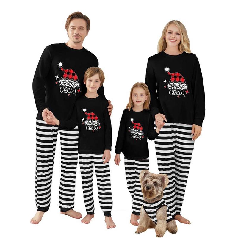 Christmas Pajamas for Family Long Sleeve Santa Hat Print Tops + Stripes Pants Set Holiday Sleepwear