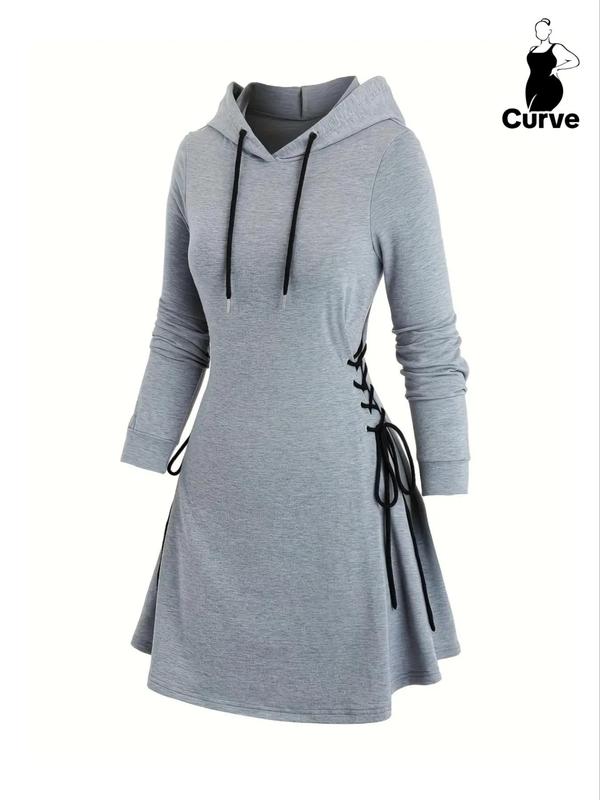  Solid Drawstring Lace Up Hooded Sweatshirt Dress, Casual Long Sleeve High Waist Hoodie Dress for Fall & Winter, Women's Clothing, Dresses for Women, Fashion Cozy Women's Clothes for Daily Wear, Fall Clothes