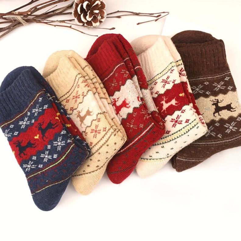 5 Pairs Elk Print Thickened Socks, Christmas Mid Tube Socks , Comfy & Warm , Women's Socks, Fuzzy Socks, Holiday Gift