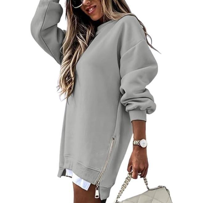 Womens Long Sleeve Pullover Sweatshirt Zipper Slit Casual Dress