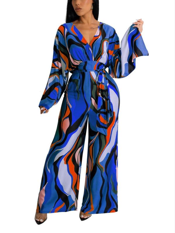 Women's Colorblock Print Belted Wrapped V Neck Wide Leg Jumpsuit, Casual Long Sleeve Tie Back Jumpsuit for Summer, Fashion Ladies' Clothes