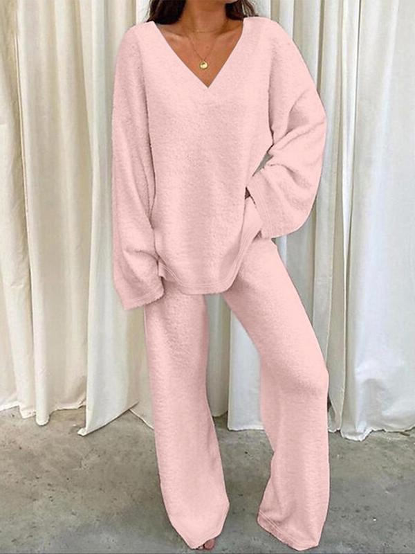 Women's Solid Color Drop Shoulder V Neck Top & Elastic Waist Pants Plush Suits, 2 Piece Sets Women, Casual Fashion Cozy Comfy Two Piece Outfits for Daily Wear, Womenswear for Fall & Winter