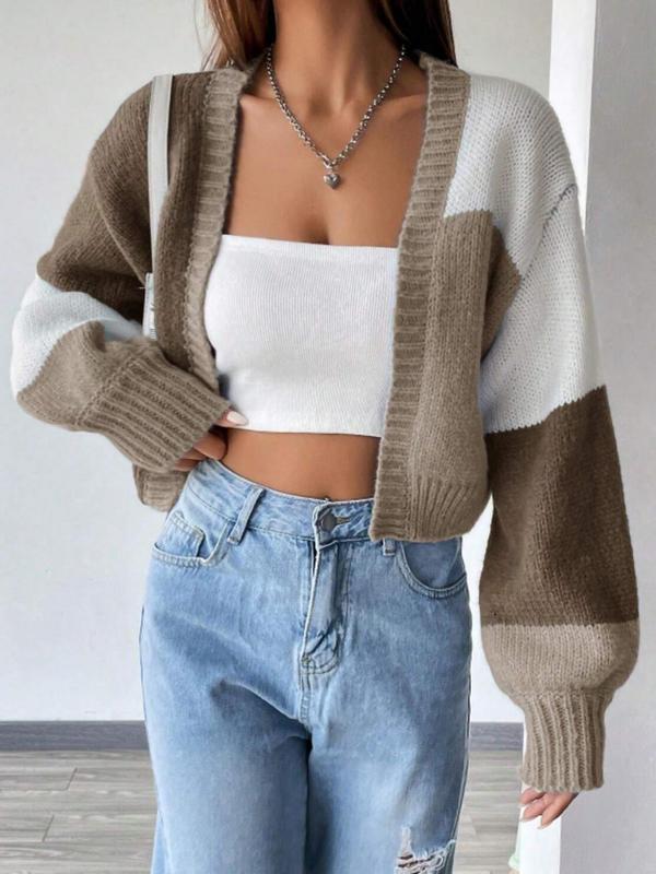 Women's Patchwork Drop Shoulder Crop Cardigan, Fall Outfits, Casual Bishop Sleeve Open Front Knitwear for Fall, Fashion Women's Knit Clothing for Daily Wear, Fall Clothing, Downtown Girl Clothes