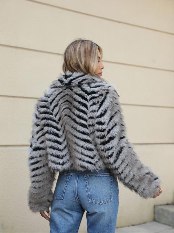 Women's Striped Pattern Zip Up Faux Fur Coat, Casual Long Sleeve Collared Fuzzy Jacket for Fall & Winter, Winter Clothes Women, Women's Clothing for Daily Wear