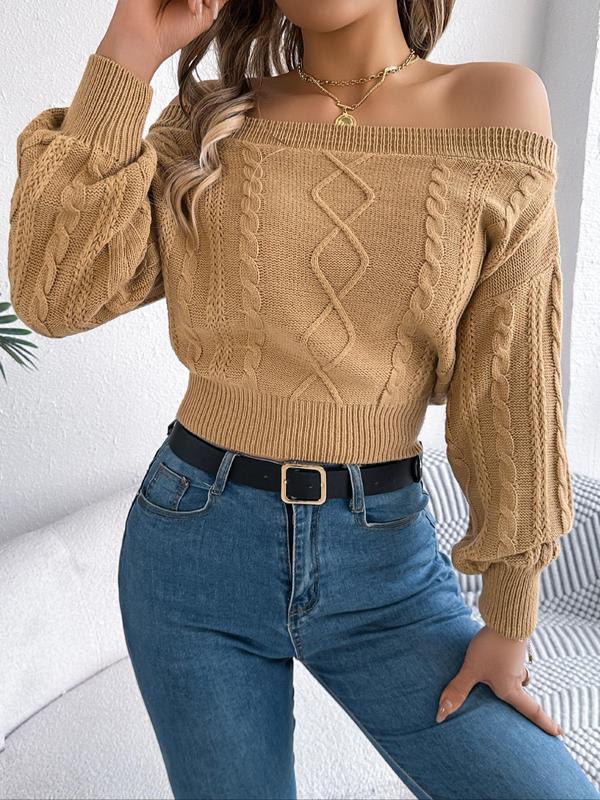 Women's Plain Off Shoulder Bishop Sleeve Sweater, Casual Long Sleeve Jumper for Fall & Winter, Fashion Ladies' Knitwear for Daily Wear