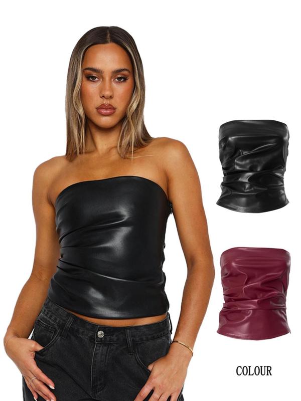 Women's Solid Color PU Leather Tube Top, Fashion Casual Strapless Top for Daily Outdoor Wear, Ladies Clothes for All Seasons