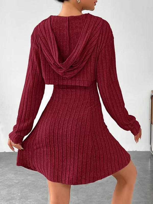  Two-piece Set Solid Ribbed Crop Hoodie & Tank Dress Set, Casual Bishop Sleeve Hooded Sweatshirt & Short Dress, 2 Piece Sets Women's Spring & Fall Clothes