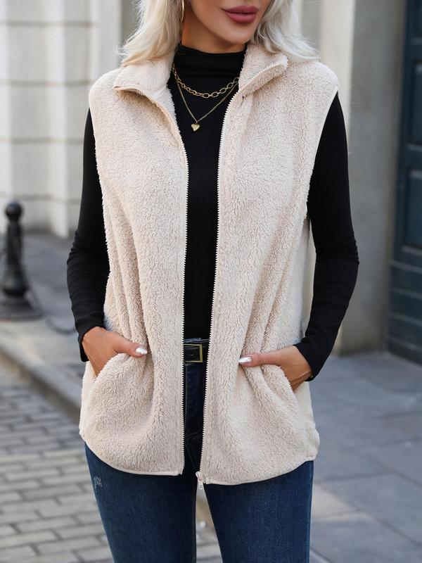 Women's Solid Zip Up Fuzzy Vest Coat, Casual Fashion Warm Sleeveless Outerwear for Daily Outdoor Wear, Women Clothing for Fall & Winter