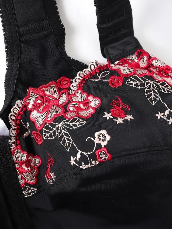 Plus Size Floral Embroidery Contrast Mesh Wireless Bra, Hook & Eye Front Criss Cross Lingerie Top, Women's Underwear for All Seasons