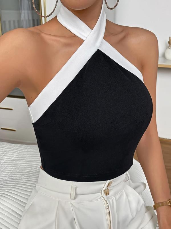 Women's Colorblock Criss Cross Halter Neck Crop Top, Elegant Backless Sleeveless Top for Summer, Ladies Clothes for Daily Wear