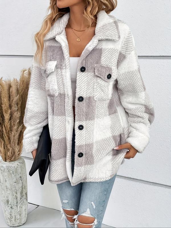 Women's Plaid Print Button Front Drop Shoulder Fleece Jacket, Casual Long Sleeve Collared Outerwear for Fall & Winter, Ladies Clothes for Daily Wear