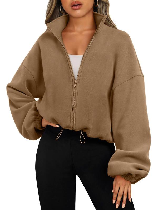 Women's Solid Color Polar Fleece Zip Up Coat, Casual Long Sleeve Collared Outerwear for Fall & Winter, Ladies Clothes for Daily Wear