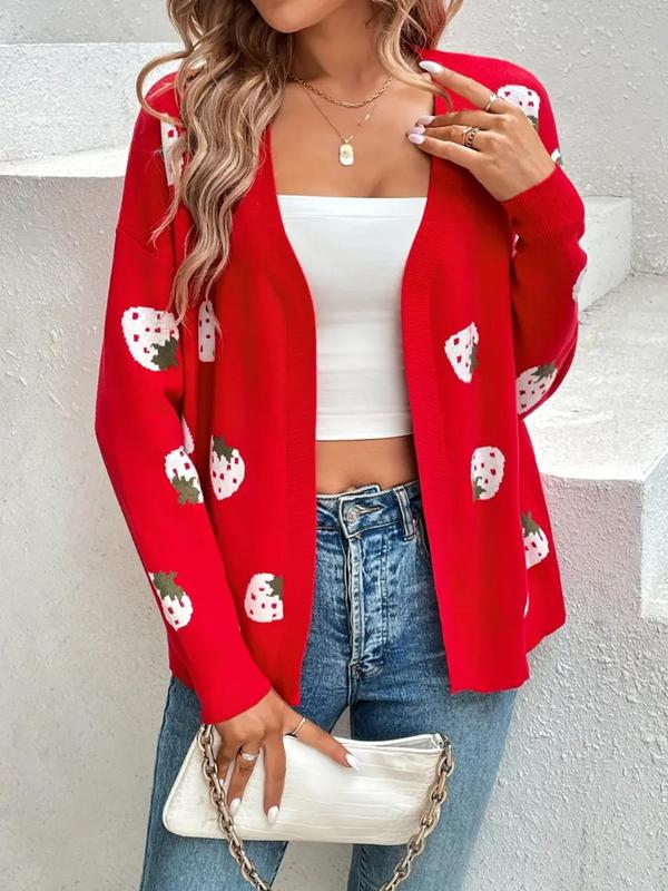  Strawberry Print Drop Shoulder Cardigan, Casual Long Sleeve Open Front Knitwear for Fall & Winter, Women's Plus Clothing for Daily Wear, Going Out Outifits