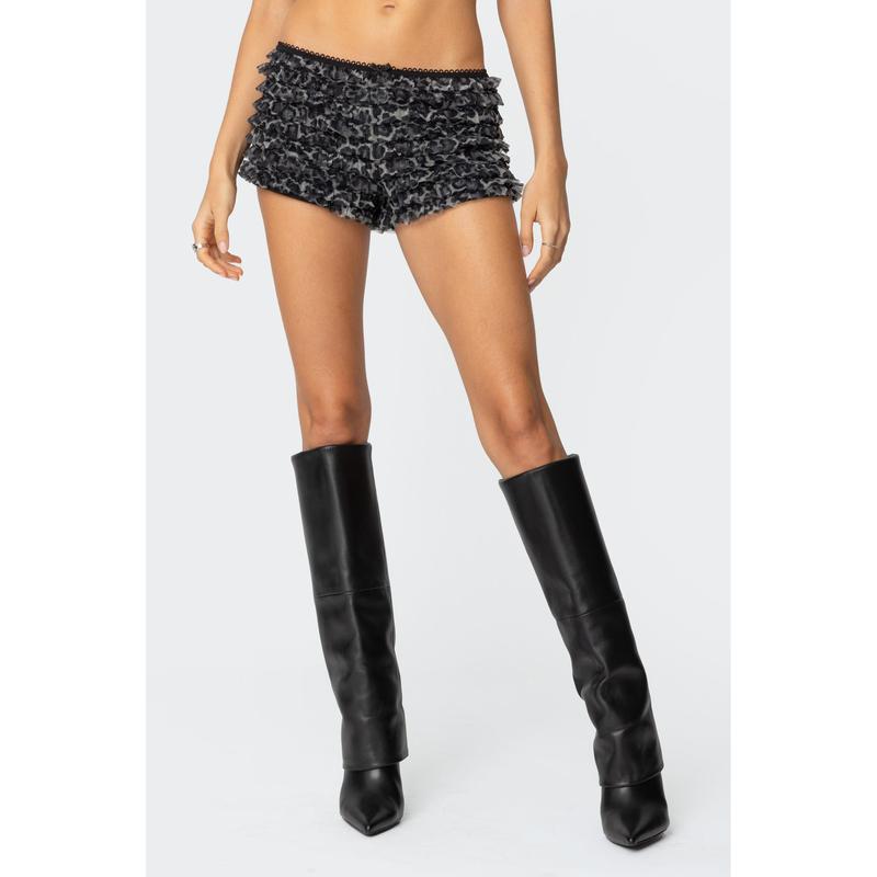 Leopard Ruffled Mesh Micro Shorts