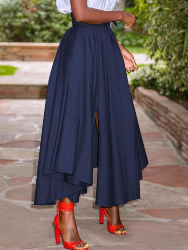 Women's Plain Belted Split Thigh Skirt, Elegant Asymmetrical Hem High Waist Long Skirt for Party Club Dating Wear, Ladies Clothes for All Seasons