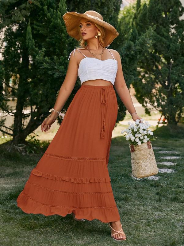  Plain Contrast Lace Ruffle Trim Tie Front Vintage Skirt, Summer Outfits, Plus Boho Elastic Waist A Line Long Skirt, Women's Plus Summer Bottoms