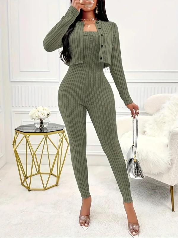 Two-piece Set Women's Solid Button Front Crop Top & Skinny Tube Jumpsuit, Casual Long Sleeve Round Neck Top & Jumpsuit for Daily Wear, Fall Sets, Ladies Two-piece Outfits for All Seasons