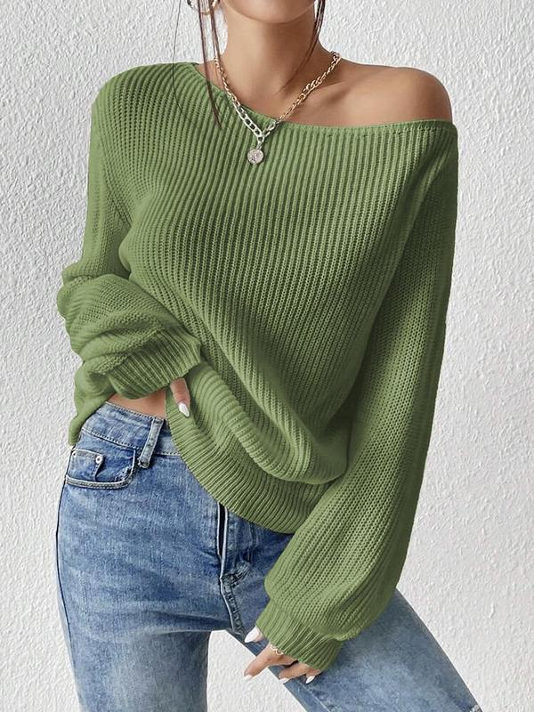 Women's Minimalist Solid Drop Shoulder Asymmetrical Neck Knit Tops, Lady Basic Casual Fit Fall Womenswear Long Sleeve Knitting Jumper, Crochet Tops, Women's Sweater Knitwear for Daily Wear Y2k