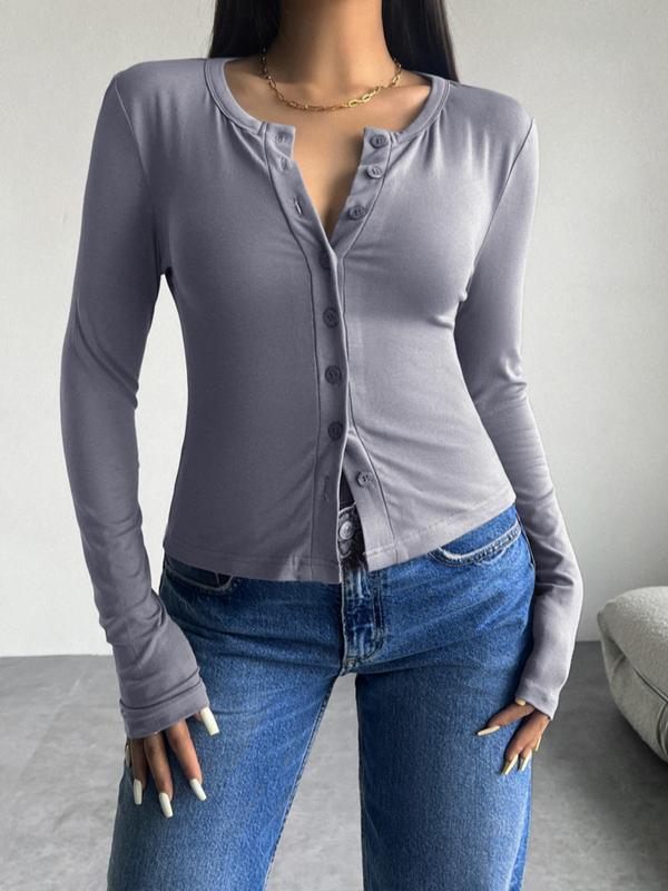 Women's Plain Button Front Long Sleeve Tee, Casual Y2K Round Neck T-shirt for Spring & Fall, Women's Top for Daily Wear