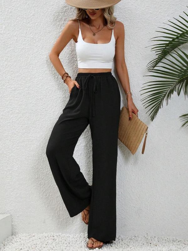 Women's Plain Pocket Tie Front Elastic Waist Straight Leg Pants, Casual High Waist Wide Leg Trousers for Daily Wear, Ladies Back To School Bottoms for All Seasons