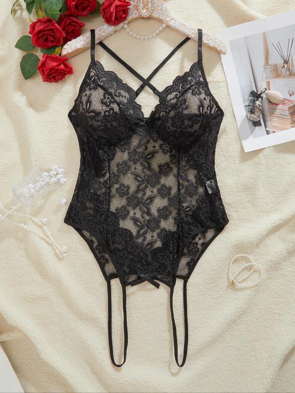 Plus Size Sexy Solid Backless Sheer Lace Bodysuit, Adjustable Strap Bow Decor Lingerie for Women, Women's Lingerie for All Seasons, Plus Size Sexy Costumes