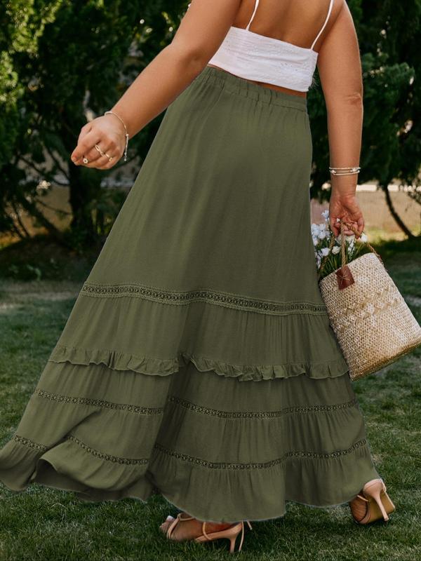  Plain Contrast Lace Ruffle Trim Tie Front Vintage Skirt, Summer Outfits, Plus Boho Elastic Waist A Line Long Skirt, Women's Plus Summer Bottoms