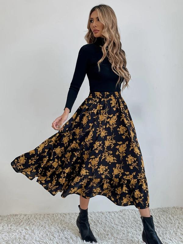 Women's Floral Print Elastic Waist A Line Vintage Skirt, Daily Skirts for Women, Elegant High Waist Midi Skirt for Vacation Holiday Party, Ladies Spring & Fall Clothes, Birthday Gifts