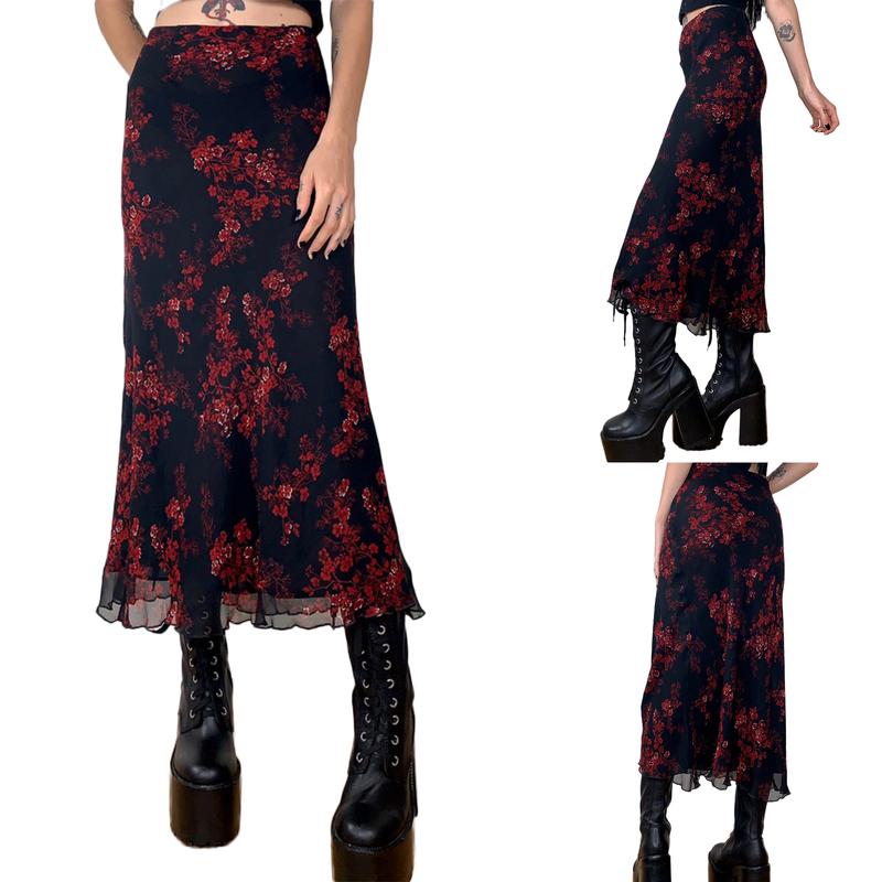 Women Long Skirt, Vintage Elegant Flower Summer Fall Skirt for Casual Daily Dating