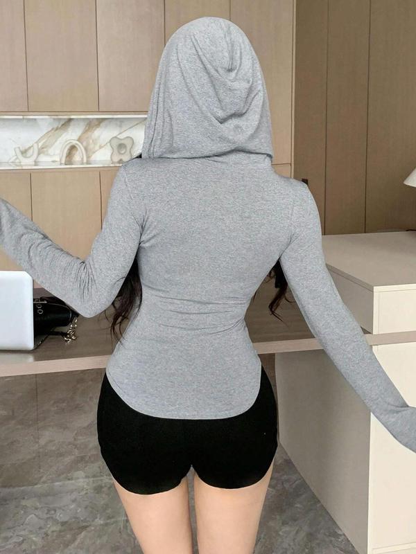 Women's Solid Color Drawstring Zip Up Hoodie, Casual Long Sleeve Pocket Hooded Sweatshirt for Spring & Fall, Women's Clothes for Daily Wear