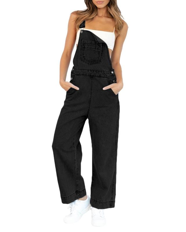 Goranbon Womens Jean Bib Overalls Adjustable Casual One Piece Jumpsuits Revolt Juniors Stretch Wide Leg Loose Denim Pants