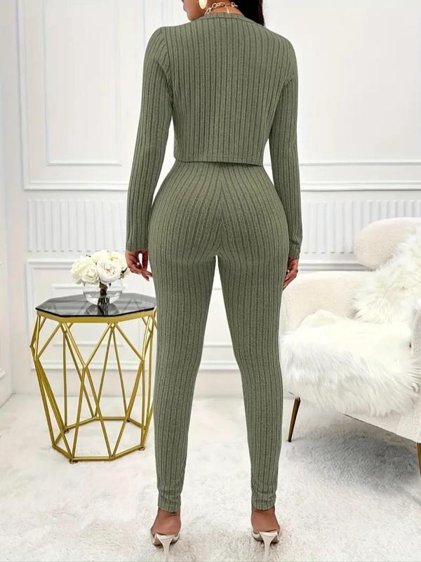 Two-piece Set Women's Solid Button Front Crop Top & Skinny Tube Jumpsuit, Casual Long Sleeve Round Neck Top & Jumpsuit for Daily Wear, Fall Sets, Ladies Two-piece Outfits for All Seasons