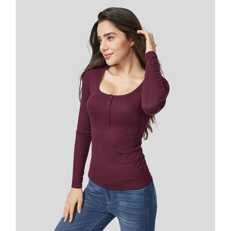 Halara Ribbed Henley Neck Long Sleeve Slim Casual Top