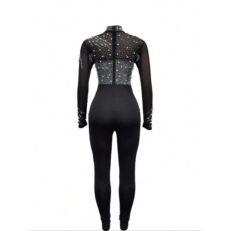 Women's Plain Rhinestone Decor Mock Neck Mesh Skinny Jumpsuit, Fall Outfits, Elegant Fashion Long Sleeve Zipper Jumpsuit for Party Club Dating