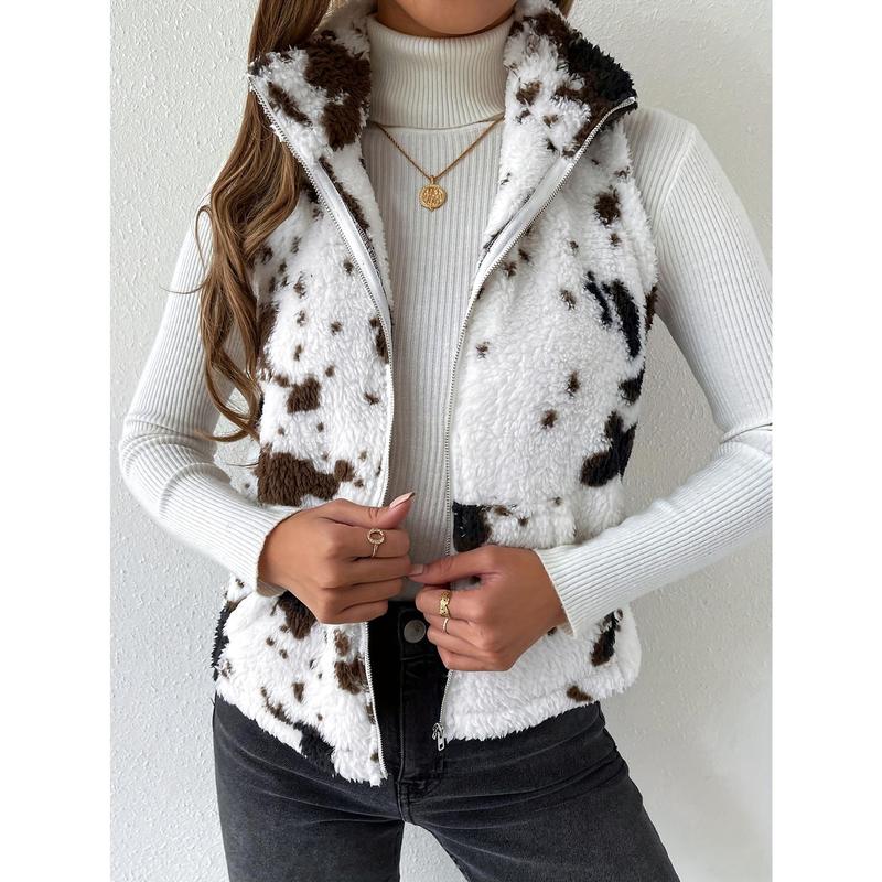 Cozy Cow Pattern Plush Vest Jacket - Soft, Warm, and Casual Sleeveless Gilet with Slant Pockets for Winter & Fall - Women's Fashion Clothing for Everyday Wear