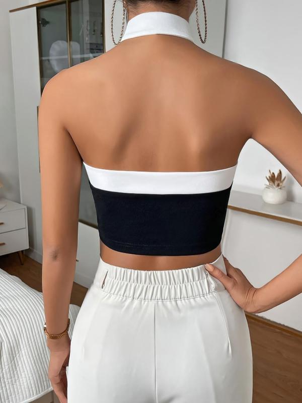 Women's Colorblock Criss Cross Halter Neck Crop Top, Elegant Backless Sleeveless Top for Summer, Ladies Clothes for Daily Wear