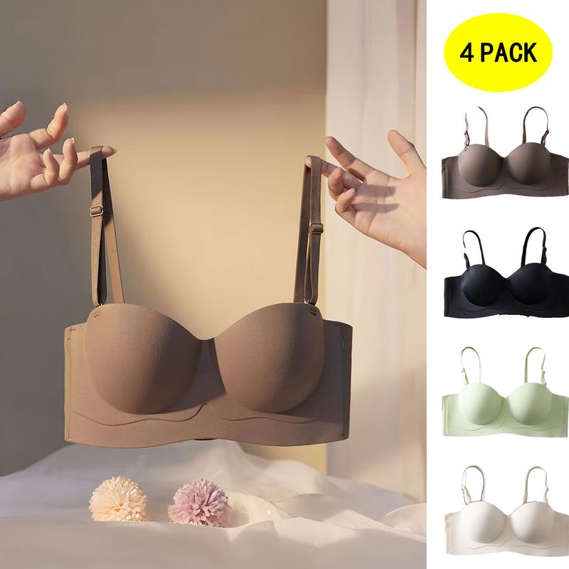 4Pcs Solid Padded Wireless Push Up Bra, Comfy Sexy Women's Lingerie & Underwear Set Fabric Womenswear