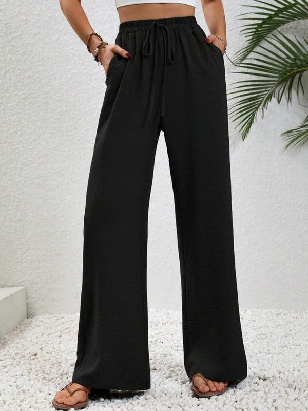 Women's Plain Pocket Tie Front Elastic Waist Straight Leg Pants, Casual High Waist Wide Leg Trousers for Daily Wear, Ladies Back To School Bottoms for All Seasons