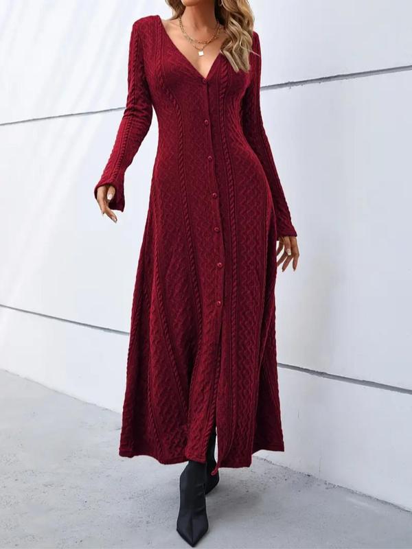 Women's Plain Button Front Split Hem Flounce Sleeve A Line Dress, Casual V Neck Long Sleeve Dress for Fall & Winter, Women's Clothing for Daily Wear