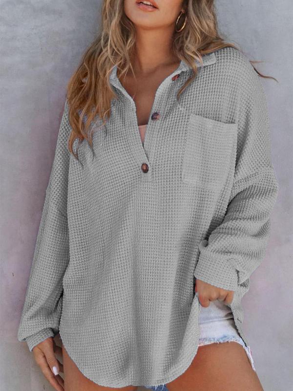 Women's Plain Waffle Knit Button Front Drop Shoulder Polo Shirt, Casual Curved Hem Long Sleeve Pocket Top for Fall, Women's Clothing for Daily Wear