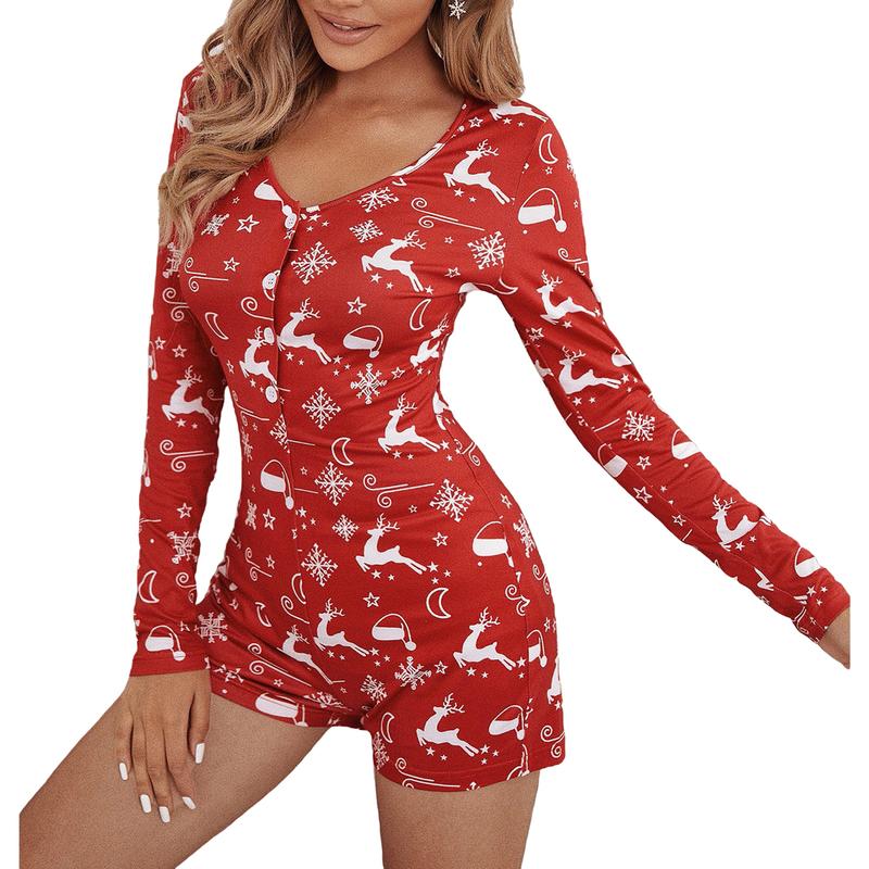 Women Christmas Printed Pattern Pajama, V-neck Long Sleeve Playsuit Loungewear Nightwear Soft Pjs Two-Piece Sleepwear Black Friday Womenswear Comfortable