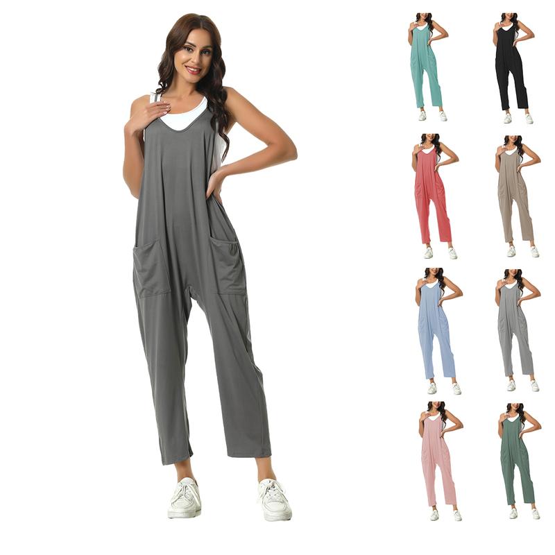 Women's Solid Sleeveless Overall Jumpsuit for Spring and Winter, Loose Fit Baggy Style with Pockets - Fabric, Cotton，Thanksgiving Gifts