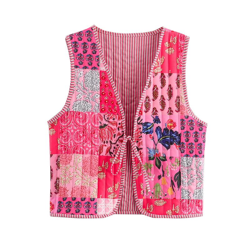 Women's Floral Quilted Puffer Vest Lightweight Sleeveless Open Front Cropped Padded Outwear Vest Tie Front Fall Waistcoat Party Streetwear