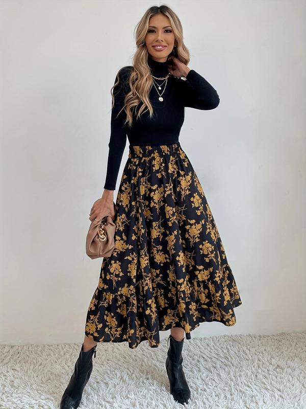 Women's Floral Print Elastic Waist A Line Vintage Skirt, Daily Skirts for Women, Elegant High Waist Midi Skirt for Vacation Holiday Party, Ladies Spring & Fall Clothes, Birthday Gifts