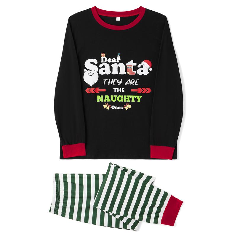 Christmas Family Pajamas Matching Set, Long Sleeve Letters Print T-shirt with Striped Pants Sleepwear Loungewear