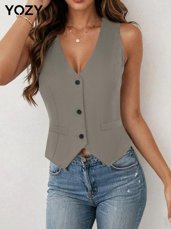 YOZY Button Front V Neck Vest Blazer, Casual Solid Color Sleeveless Pocket Decor Jacket, 2024 Women's All Seasons Outfits for Work, Office, Business