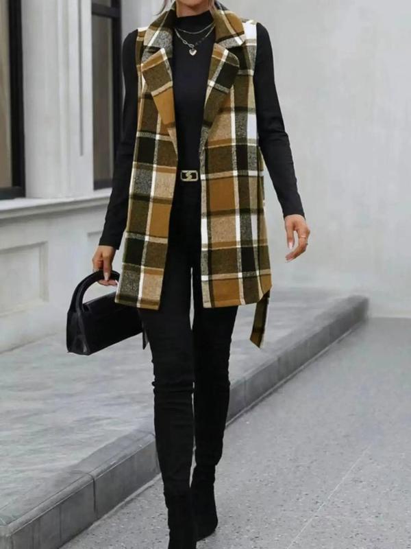  Plaid Print Belted Lapel Vest Coat, Casual Sleeveless Open Front Outerwear for Spring & Fall, Women's Clothes for Daily Wear