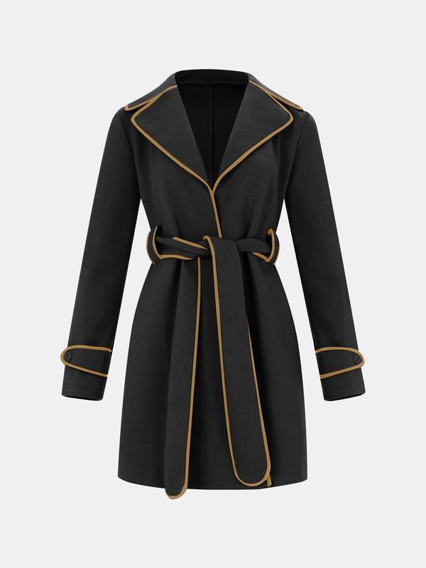 YOZY Christmas Deals, Women's Contrast Binding Belted Overcoat, Casual Long Sleeve Lapel Neck Coat for Fall & Winter, Women's Clothing for Daily Wear, Christmas 2024 Trend, Fall & Winter Clothes