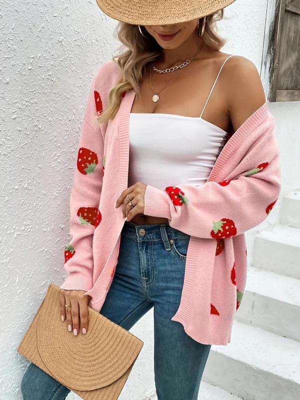  Strawberry Print Drop Shoulder Cardigan, Casual Long Sleeve Open Front Knitwear for Fall & Winter, Women's Plus Clothing for Daily Wear, Going Out Outifits